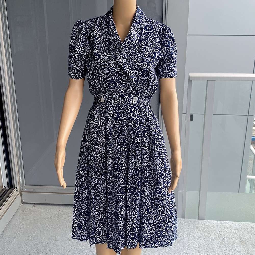 Vintage Navy and White Floral Midi Dress